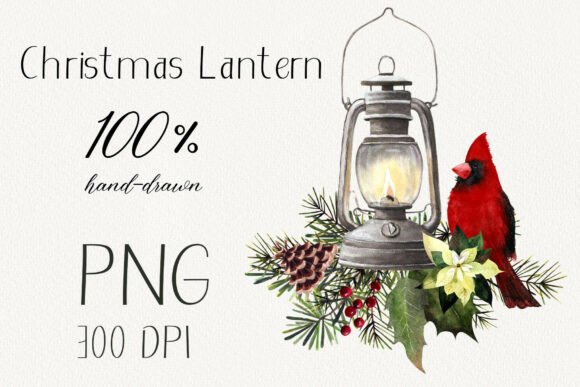 Christmas Lantern with Cardinal Illustrations