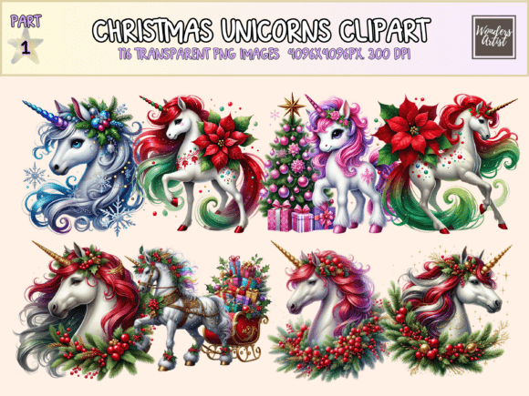 Christmas Unicorns Clipart: Festive Illustrations