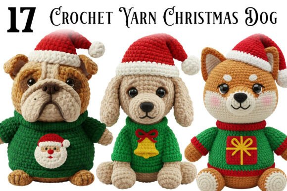 Crochet Yarn Christmas Dog Bundle Png: Illustrations