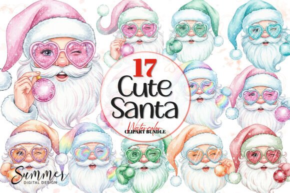 Cute Santa Pastel Christmas Clipart: Illustrations