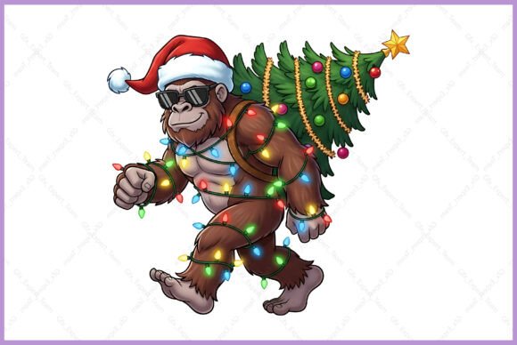 Funny Christmas Bigfoot Carrying a Tree Illustrations