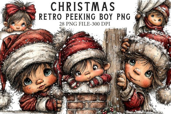 Retro Christmas Peeking Boy PNG Review