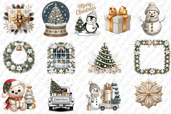 White Gold Christmas Clipart Bundle Illustrations